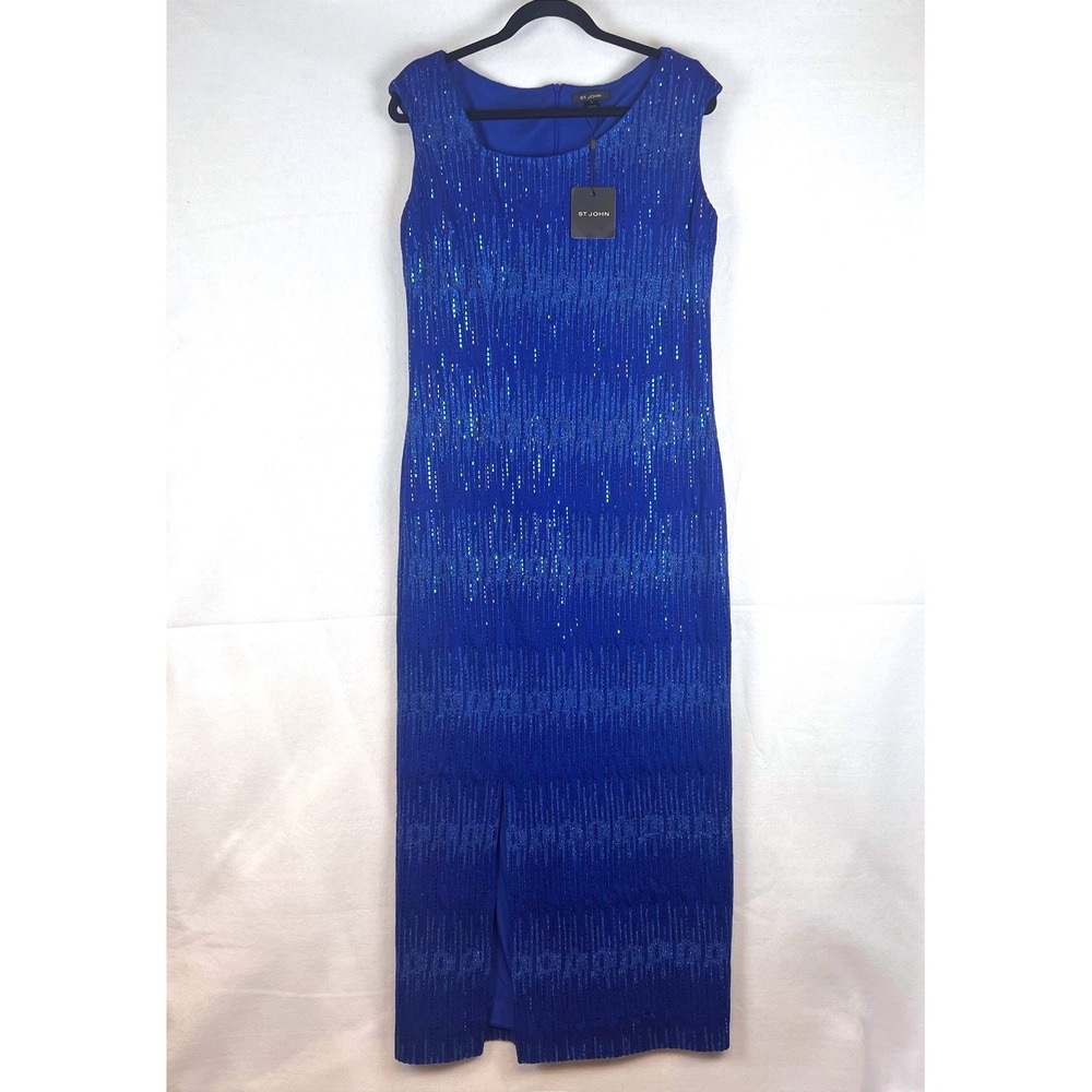 NWT St. John Womens Azul Blue Sequin Knit Maxi Evening Gown Size 14 K12V062